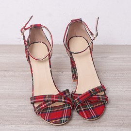 Women Plaid Cross Strap Lattice Decor Buckle High Heel Sandals