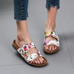 Women Double Buckle Flowers Pattern Strap Cork Footbed Slide Sandals