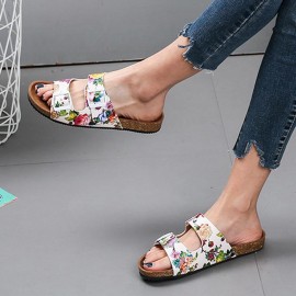 Women Double Buckle Flowers Pattern Strap Cork Footbed Slide Sandals