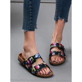 Women Double Buckle Flowers Pattern Strap Cork Footbed Slide Sandals