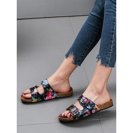 Women Double Buckle Flowers Pattern Strap Cork Footbed Slide Sandals