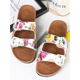 Women Double Buckle Flowers Pattern Strap Cork Footbed Slide Sandals