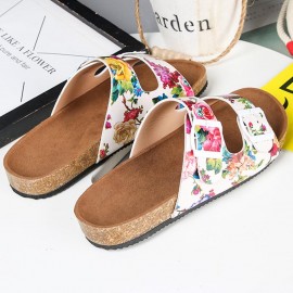 Women Double Buckle Flowers Pattern Strap Cork Footbed Slide Sandals