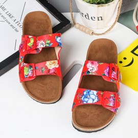 Women Double Buckle Flowers Pattern Strap Cork Footbed Slide Sandals