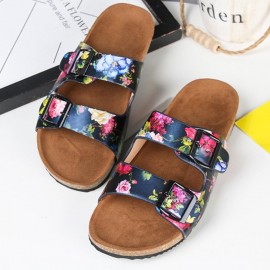 Women Double Buckle Flowers Pattern Strap Cork Footbed Slide Sandals