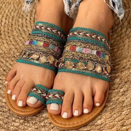 Women Large Size Bohemian Ethnic Style Beach Toe Ring Casual Sandals