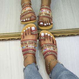 Women Large Size Bohemian Ethnic Style Beach Toe Ring Casual Sandals