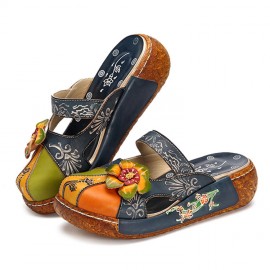 Women Genuine Leather Flower Decoration Backless Colorful Hollow Out Wedge Sandals