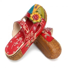 Women Genuine Leather Flower Decoration Backless Colorful Hollow Out Wedge Sandals