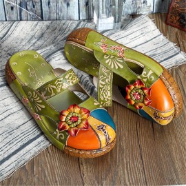 Women Genuine Leather Flower Decoration Backless Colorful Hollow Out Wedge Sandals