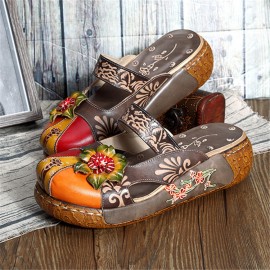 Women Genuine Leather Flower Decoration Backless Colorful Hollow Out Wedge Sandals