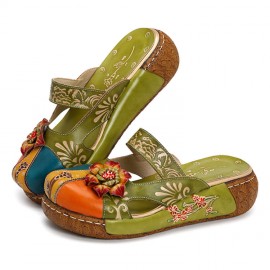 Women Genuine Leather Flower Decoration Backless Colorful Hollow Out Wedge Sandals