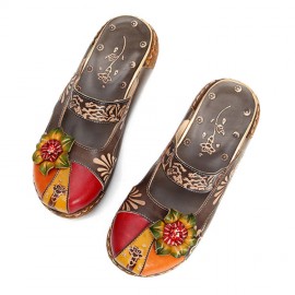 Women Genuine Leather Flower Decoration Backless Colorful Hollow Out Wedge Sandals