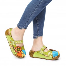 Women Genuine Leather Flower Decoration Backless Colorful Hollow Out Wedge Sandals