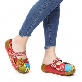 Women Genuine Leather Flower Decoration Backless Colorful Hollow Out Wedge Sandals