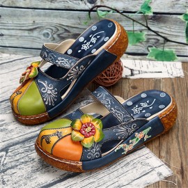 Women Genuine Leather Flower Decoration Backless Colorful Hollow Out Wedge Sandals