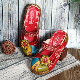 Women Genuine Leather Flower Decoration Backless Colorful Hollow Out Wedge Sandals