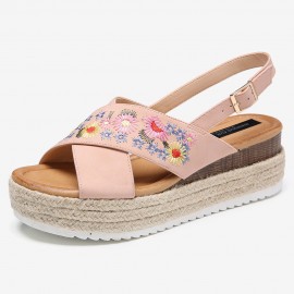 Women Espadrilles Embroidery Flowers Cross Strap Slingback Casual Platform Sandals