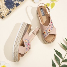 Women Espadrilles Embroidery Flowers Cross Strap Slingback Casual Platform Sandals