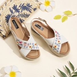 Women Espadrilles Embroidery Flowers Cross Strap Slingback Casual Platform Sandals