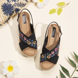 Women Espadrilles Embroidery Flowers Cross Strap Slingback Casual Platform Sandals