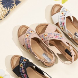 Women Espadrilles Embroidery Flowers Cross Strap Slingback Casual Platform Sandals