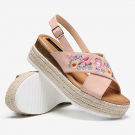 Women Espadrilles Embroidery Flowers Cross Strap Slingback Casual Platform Sandals