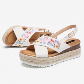 Women Espadrilles Embroidery Flowers Cross Strap Slingback Casual Platform Sandals