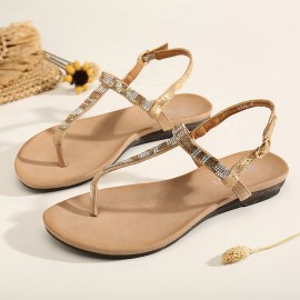 Women Rhinestone Buckle Strap Comfy Non Slip Beach Clip Toe Sandals