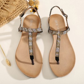 Women Rhinestone Buckle Strap Comfy Non Slip Beach Clip Toe Sandals