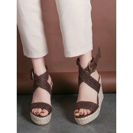 Women Wedges Heel Braided Espadrille Ankle Cross Buckle Strap Sandals