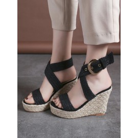 Women Wedges Heel Braided Espadrille Ankle Cross Buckle Strap Sandals