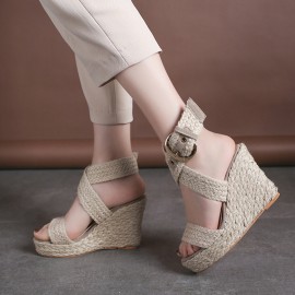 Women Wedges Heel Braided Espadrille Ankle Cross Buckle Strap Sandals