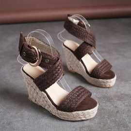 Women Wedges Heel Braided Espadrille Ankle Cross Buckle Strap Sandals