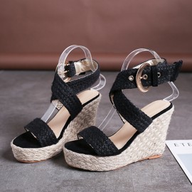 Women Wedges Heel Braided Espadrille Ankle Cross Buckle Strap Sandals