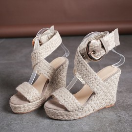 Women Wedges Heel Braided Espadrille Ankle Cross Buckle Strap Sandals