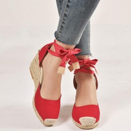 Women Casual Round Toe Wedge Heel Lace Up Sandals