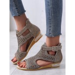 Plus Size Women Back-zip Soft Comfy Breathable Hollow Rhinestone Embellished Flat Sandals