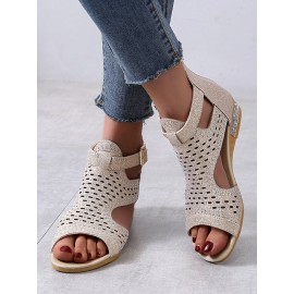 Plus Size Women Back-zip Soft Comfy Breathable Hollow Rhinestone Embellished Flat Sandals