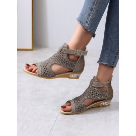 Plus Size Women Back-zip Soft Comfy Breathable Hollow Rhinestone Embellished Flat Sandals