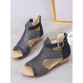 Plus Size Women Back-zip Soft Comfy Breathable Hollow Rhinestone Embellished Flat Sandals