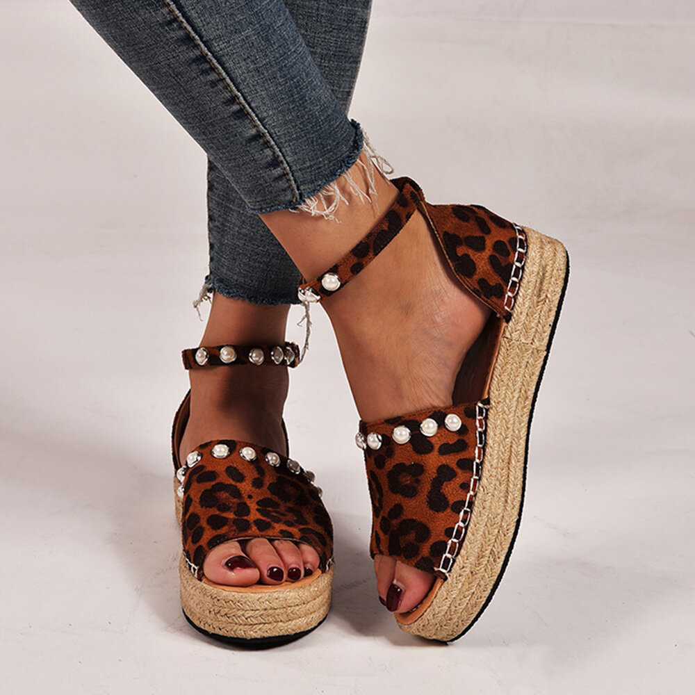 Women Suede Leopard Print Solid Beading Lace Simple Casual Sandals