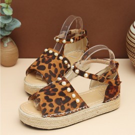 Women Suede Leopard Print Solid Beading Lace Simple Casual Sandals