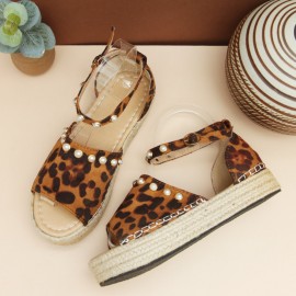 Women Suede Leopard Print Solid Beading Lace Simple Casual Sandals