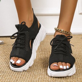 Women Casual Lace-up Comfy Knit Open Toe Platform Sandals