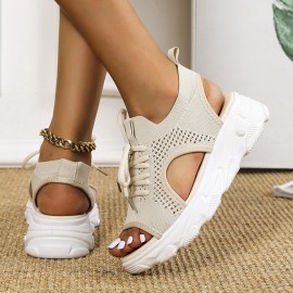 Women Casual Lace-up Comfy Knit Open Toe Platform Sandals