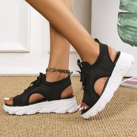 Women Casual Lace-up Comfy Knit Open Toe Platform Sandals