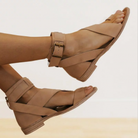 Women Retro Toe Ring Roman Ankle Strap Casual Summer Flat Sandals