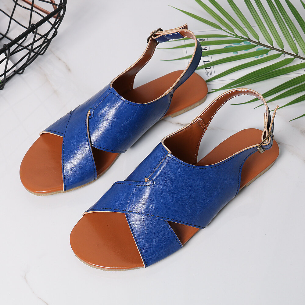 Wome Beach Peep Toe Cross Buckle Flats Sandals