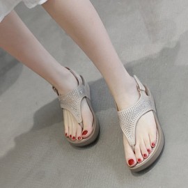 Women Soft Sole Clip Toe Rhinestone Hook Loop Casual Summer Beach Wedge Sandals